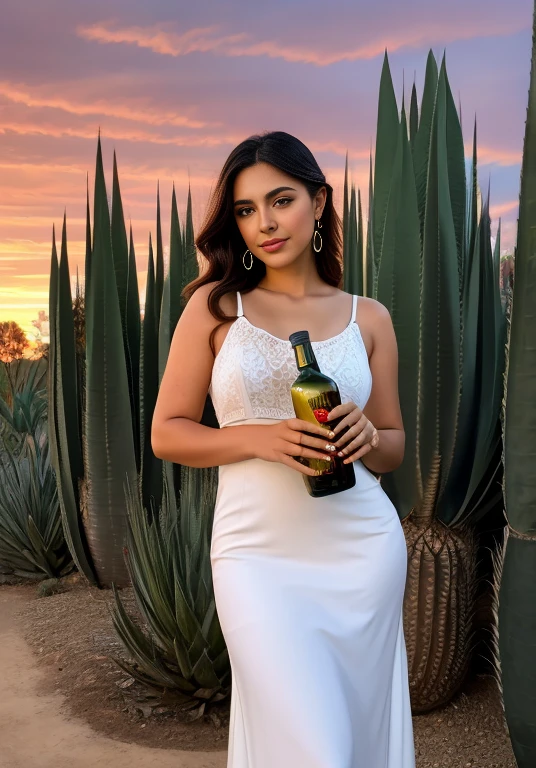 Excellent flavor. Beautiful composition, cinematic lighting, deep shadows, of a very beautiful Mexican girl on an agave farm holding a bottle of tequila. attractive latin woman. In the style of Caravaggio mixed with the style of Sargent. Look at the camera with beautiful eyes. Beautiful and captivating eyes. Extremely beautiful. Beautiful golden hour lighting from the angled front. Traditional Mexican red and white light cotton dress. Dramatic colors of the sky. Sunset. Full body pose and composition. Beautiful skin. Pretty face. Ethereal. Stunning Mexican landscape. The focal point should be your eyes. Use composition and value to draw attention to your stunning eyes. Nice and warm smile. Hazel eyes. Humble elegance. Agave plants. Full body posture. Deep black hair.