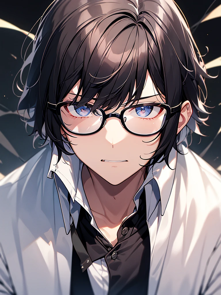 Black-haired, nerdy young man, white shirt, jacket, dark background, bangs swept to the right, dumbfounded face, wrinkles on brow, glasses