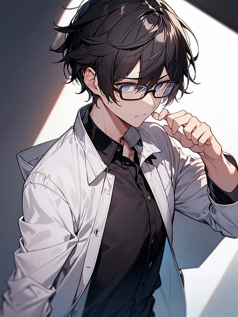 Black-haired, nerdy young man, white shirt, jacket, dark background, bangs swept to the right, dumbfounded face, wrinkles on brow, glasses
