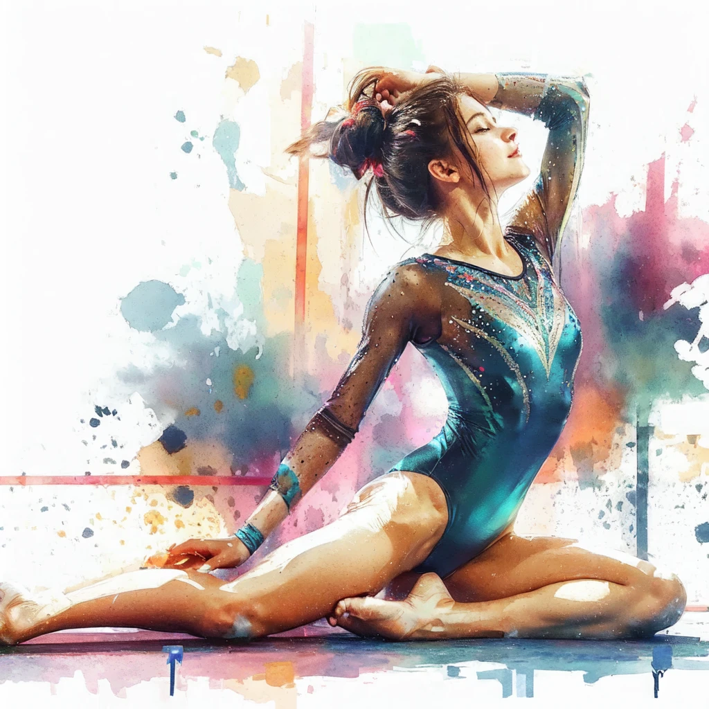 high quality,hd,16k,1girl,female gymnastics athlete,cute face, large breasts, slender body, delicate body, sweat,light clothing, in gymnastics venue,focus girl,detailed beautiful face,detailed clothes,beautiful eyes,pretty smile,dynamic angle