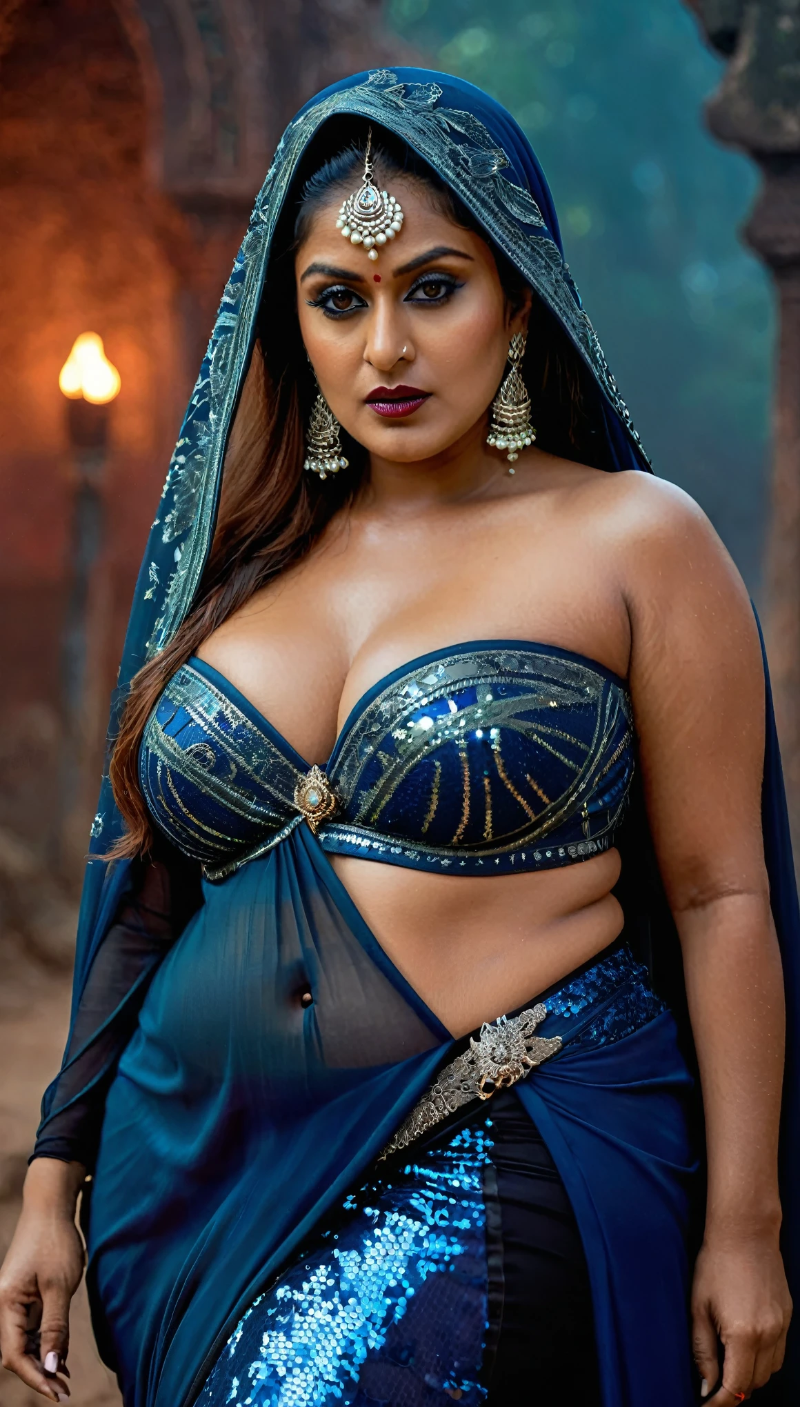 Looks like Nayanthara, full body Closeup shot, Big chubby aunty, milf, cougar lady witch, horny Gothic milf, 70 years old gorgeous mature lady, pervert demoness, demoness of lust, curvy, black lips, horny face, extremely gorgeous, thick figure, heavy physique, voluptuous, curvy, sexy figure, Fashionable portrait of androgynous alien looking witch wearing veil, glowing eyes, futuristic design, minimal details, givenchy, photoreal, 200mm, hd, f/ 2.0, highly detailed, surreal, sexy beautiful evil woman, sexy bold sequin Saree with strapless Bra, chudail, Pishachini, horror genre, blood-thirsty enchantress, powerful female spirit, eerie, drop dead, in the style of red and blue, (intricate details, hyperdetailed:1.15) (skin texture:1.2), dark Moody tone, cinematic lighting, haunted place in background, hot Amma, hot aunty, hot bhabi, hot Chachi, heavy figure, fleshy figure, heavy and saggy breast, spicy hot woman, evil goddess,