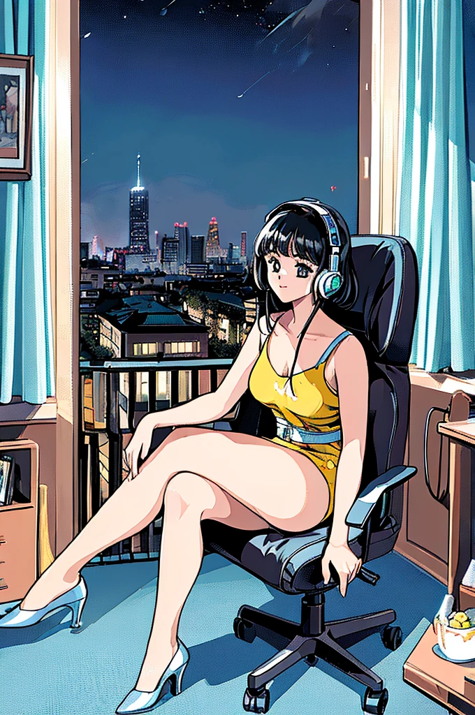 (masterpiece), (best quality), (ultra-detailed), (best illustration), (best shadow), (absurdres), Female,20-year-old, sitting on a chair wearing headphones、city view outside the window、evening、night scene,sexy blackhear high quality　The night view is as shown in the picture.　Landscape