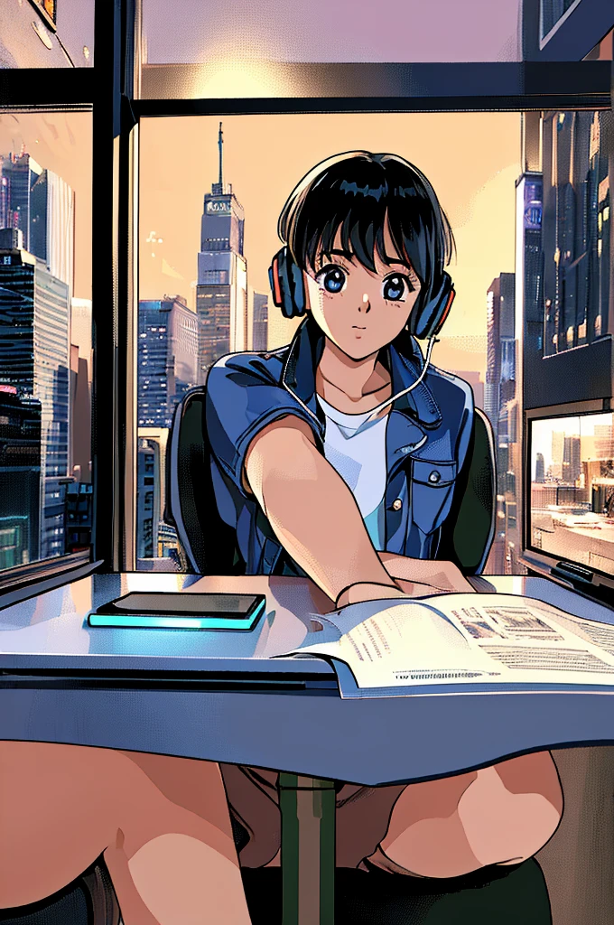 (masterpiece), (best quality), (ultra-detailed), (best illustration), (best shadow), (absurdres), Female,20-year-old, sitting on a chair wearing headphones、city view outside the window、evening、night scene,sexy blackhear high quality　The night view is as shown in the picture.　Landscape