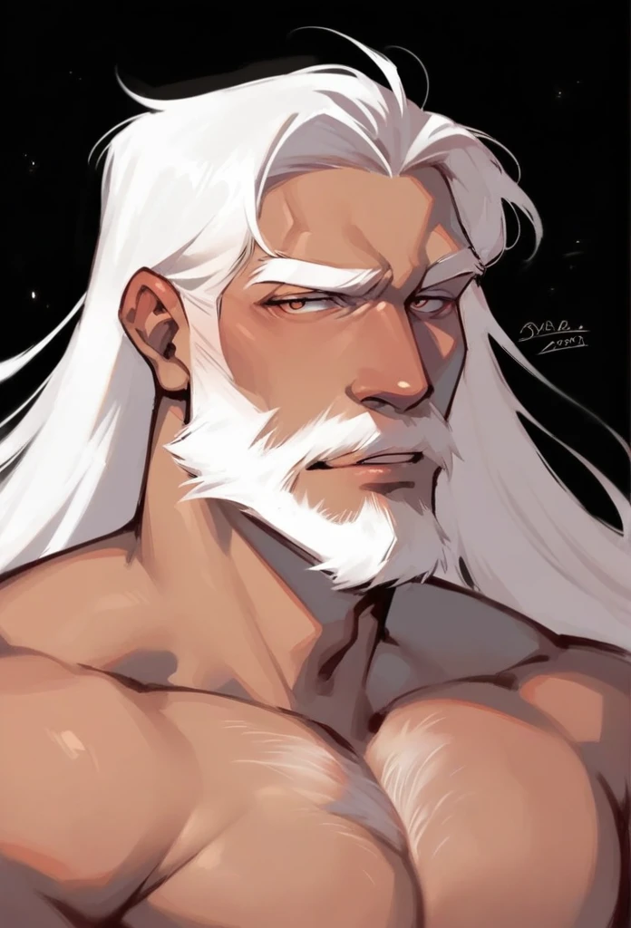 1old man, half body, white long hair, beard, sexy, dark black background