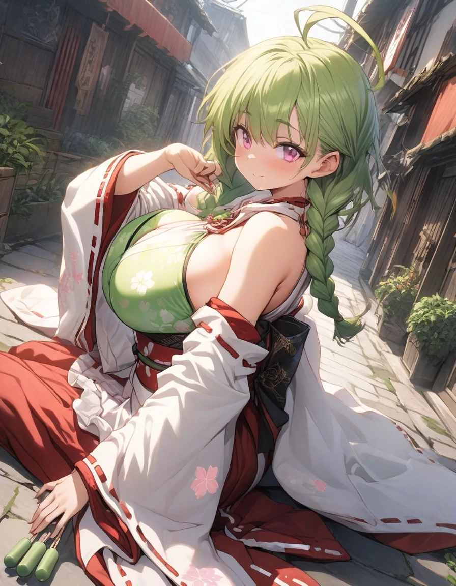 sitting,from side,full body,dynamic angle,(green bikini:1.25),snap shot,,edo street,outdoor,,{{,game CG,high quality game CG},(1girl:1.25),{{masterpiece}}, {{{best quality}}}, {{ultra-detailed}},{{illustration}},,,,frills,frilled sleeves,frilled skirt,thick eyebrows,,,(21 years old:1.25),{{{brooch}}},medium hair, wavy hair, asymmetrical bangs,(twin braids:1.2),Bun hair,、 (green hair:1.1), , huge ahoge, light smile, thick_eyebrows, bare_shoulders,,(gigantic breasts:0.8), (pink eyes:1.25), flower, elbow_gloves,sleeves_past_wrists, obi,,(miko:1.25), skindentation, strapless, floral_print, ,,long sleeves, wide sleeves, japanese sleeves,,dango,green tea,