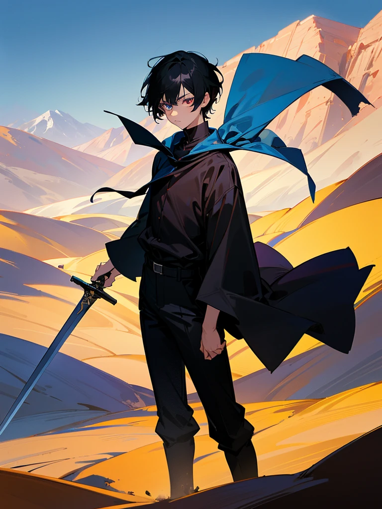 a boy with pitch black hair, short hair, using a cape, holding his sword, standing in a desert mountain, one red eye and one blue eye, wearing black shirt, wearing black pants, standing alone
