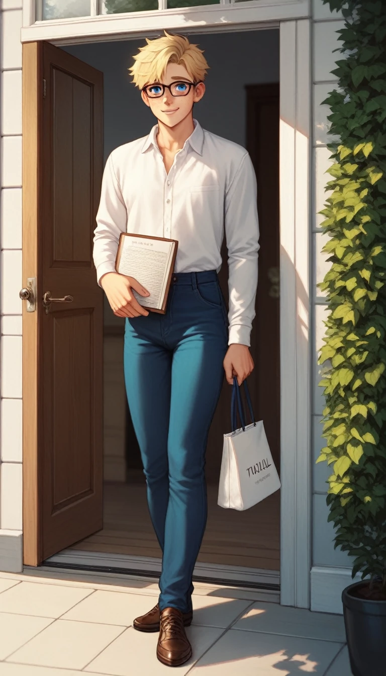 1 boy, solo, twink, younger male, 18 years old, freckles, blue eyes, blonde, glasses, shy smile, white shirt, holding a bible, dress pants, fancy shoes, standing in front of a door, exterior, standing in front of a door, detailed face, detailed body, detailed image, girly,