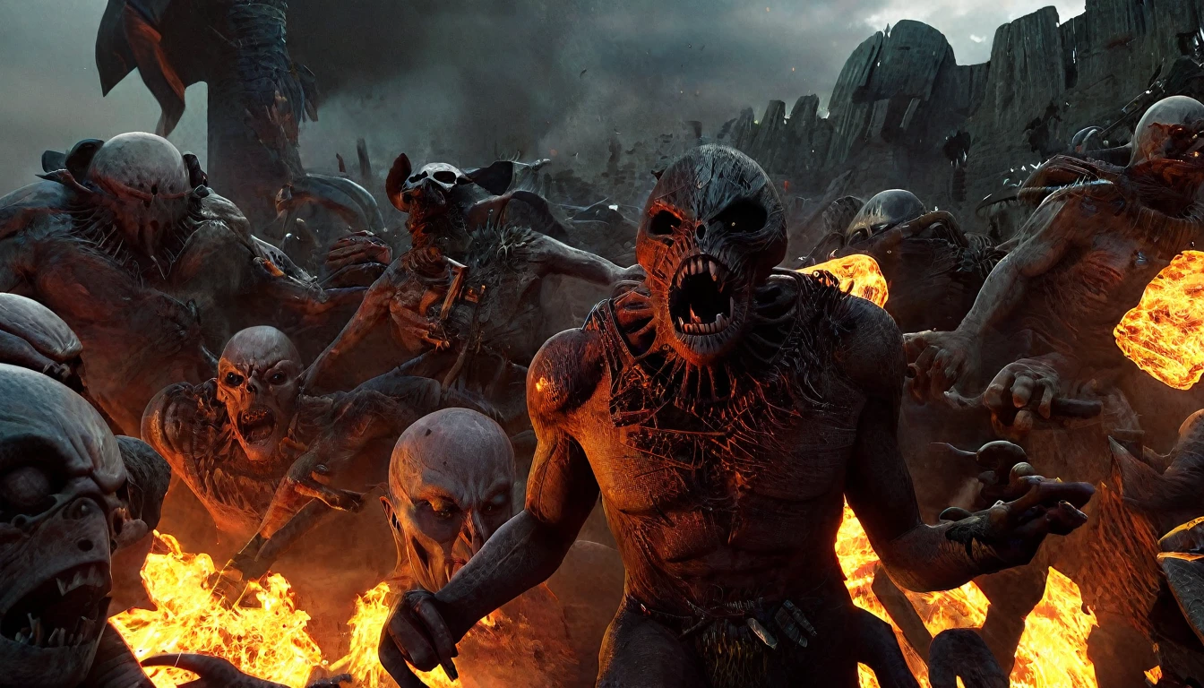 (3D rendering:3.1) in (medium full shot:3.1) of lot of characters from (metal hurlant magazine:3.1), inspired by H.P. Lovecraft and zislaw Beksinski art, barbarian warriors in battles against space creatures, monsters, daemons, aliens, mutant, with explosions, smoke and fire (with Creepy, Sci-Fi, Fantasy and Horror:2.9), directed by Ridley Scott (Cinematic:3.1), horror movie, horrified, terrified, insane, disgusting, disturbing, Impactful, cgsociety, hyper-detailed, digital illusions, cyberspace, photorealistic, arts visuals. Ultra detailed, RAW photo, artstation style, concept art, (masterpiece:2.9), 8k, realistic textures, (3D rendering:3.1)