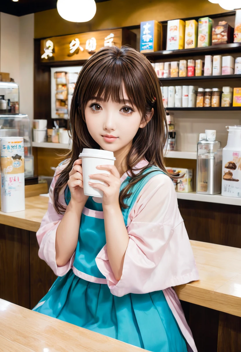 Young girl holding a coffee cup in her hands, pretty girl, Cute Face, Cute Face, Sakimi-chan, Chiho, Yoshitomo Nara, 若くてCute Face, Beautiful Japanese girl face, Brown hair and big eyes, Cute pretty girl, beauty、sit at the counter of a shop、Facing the viewer