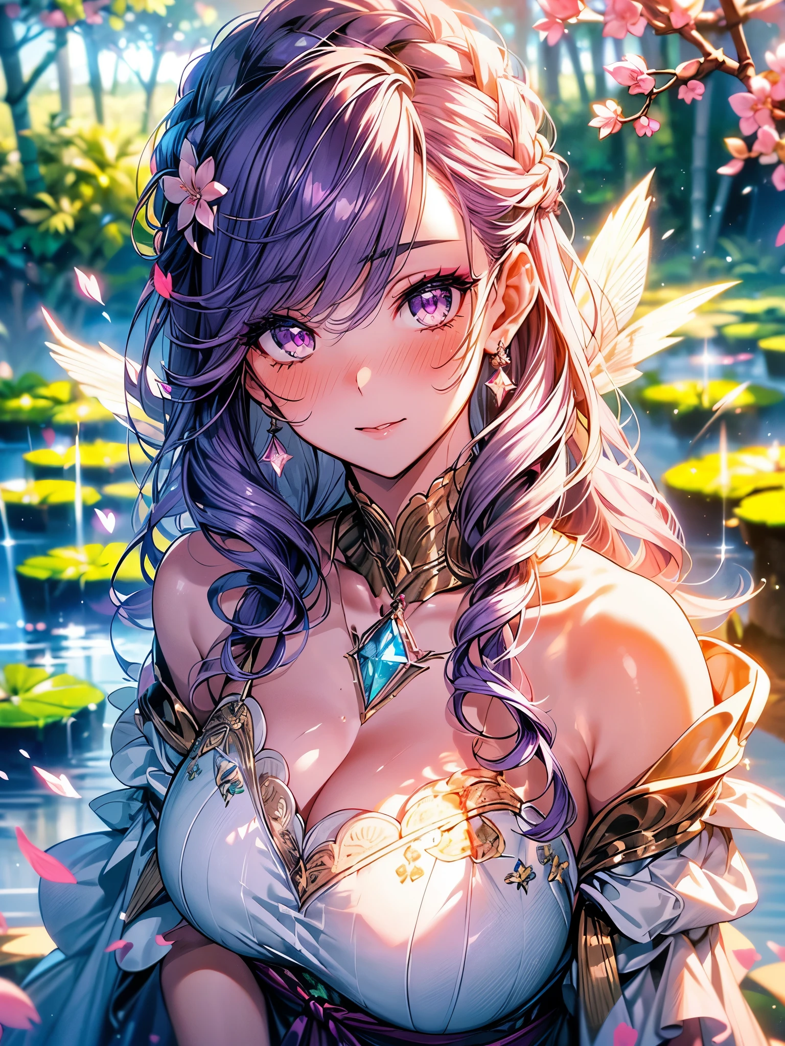 (overhead view), mature woman, 1girl, (masterpiece, best quality, ultra-detailed), sharp focus, detailed face, face focus, extremely detailed eyes, long hair, crown braid, hair over shoulder, (silvery-purple hair:1.3), purple eyes, (glitter eyes:1.2), long eyelashes, (heavy blush, drunk:1.2), delicate makeup, big breasts, ((pink and white intricate dress, bare shoulders, cleavage)), ((twilight, holding diamond shard, exploring, bamboo shoots background, grass, green particles surrounds, tranquil pond, cherry blossom backdrop, breeze)), cinematic lighting, rim lightning, ray tracing, shadowing, dynamic angle