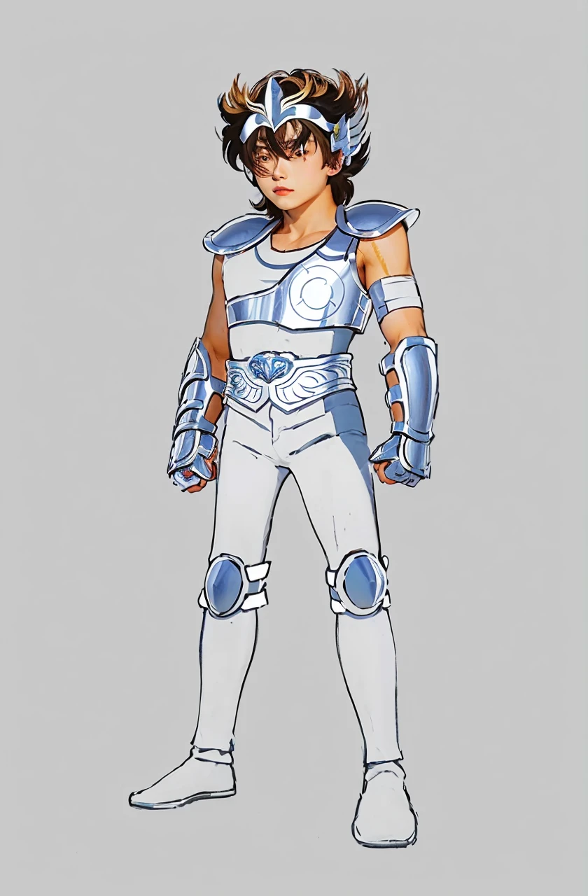 A young asian man in copper armor with white tight without sleeves underneath, saint seiya, pegasus seiya