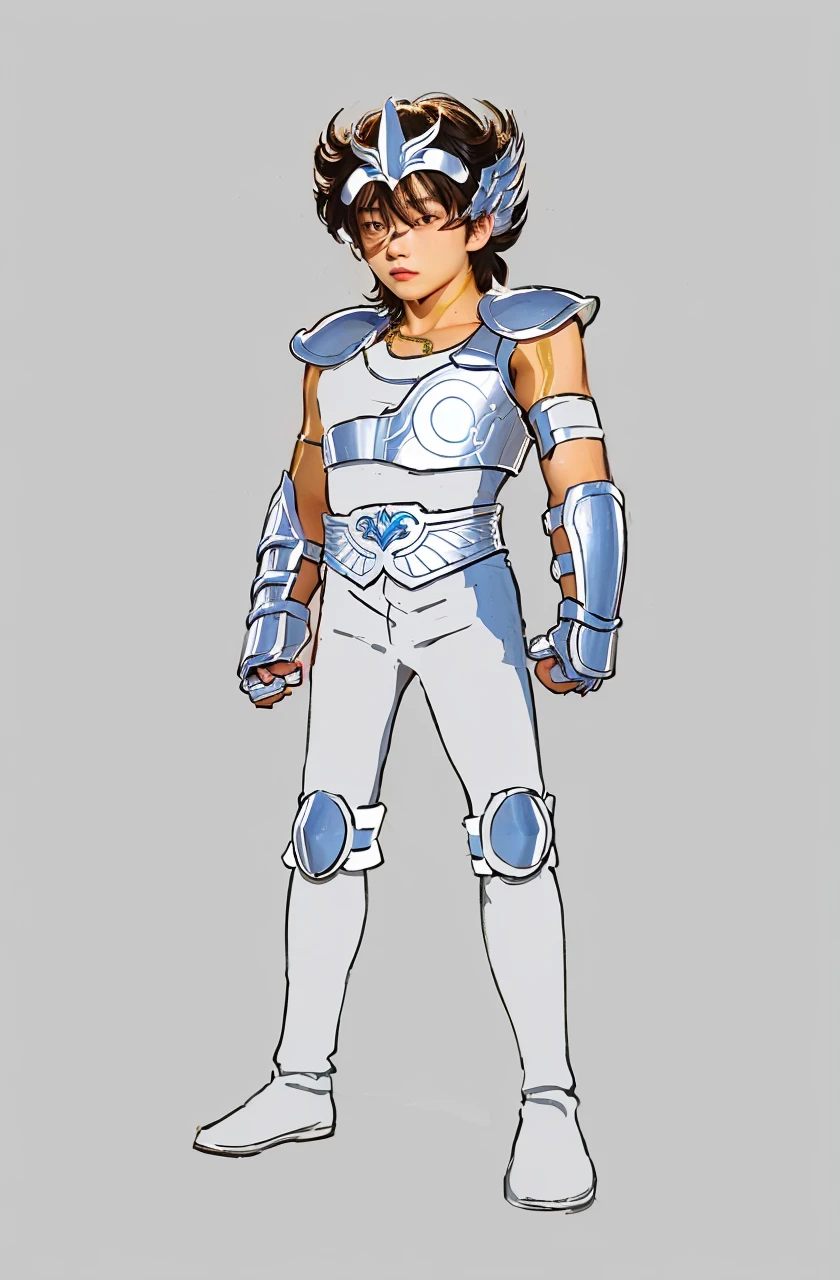 A young asian man in copper armor with white tight without sleeves underneath, saint seiya, pegasus seiya