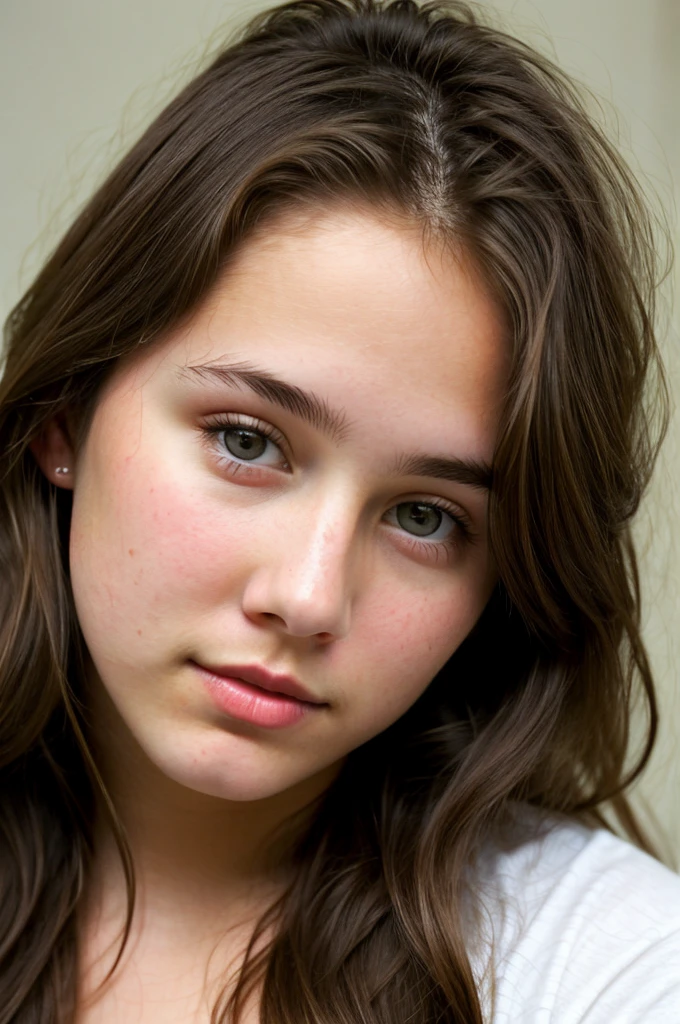 really pretty 18 years old girl. Brown hair. Innocent face. Straight looking to the camera. Facing the camera. Light eyes