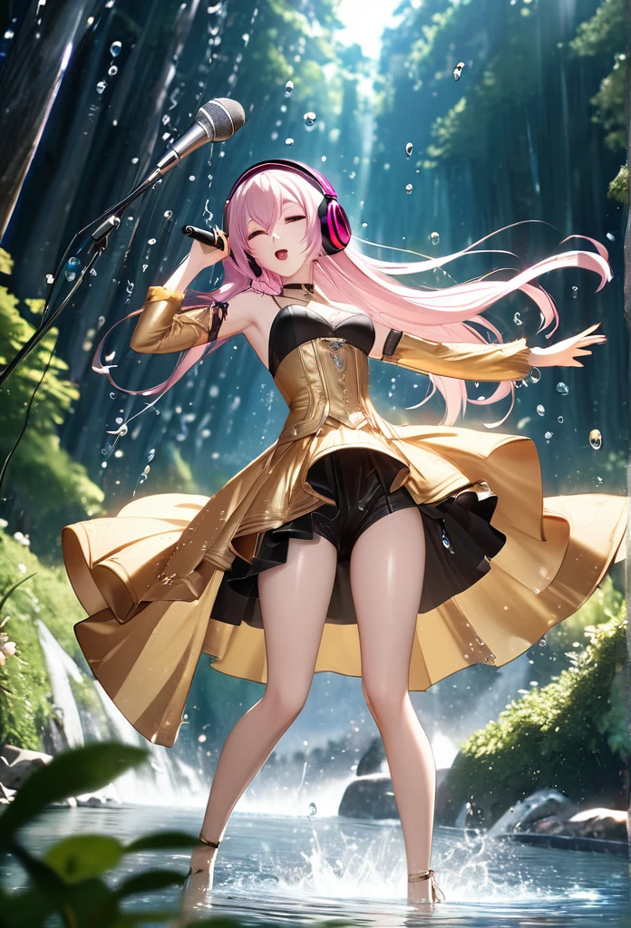 best quality, super fine, 16k, incredibly absurdres, extremely detailed, 2.5D, delicate and dynamic depiction, Megurine Luka, Vocaloid character, cool and stylish headphones, holding Elvis-Mic, attractive and seductive expression, glamorous slender body, singing a grand and majestic ballad against the backdrop of nature, very beautiful effects, (water droplets, gold dust, image processing that makes it look like a stop-motion scene), (motion blur, action blur:0.5)