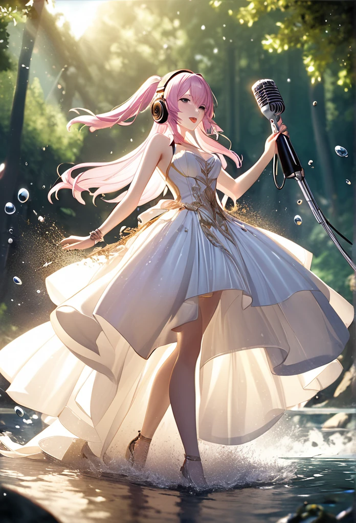 best quality, super fine, 16k, incredibly absurdres, extremely detailed, 2.5D, delicate and dynamic depiction, Megurine Luka, Vocaloid character, cool and stylish headphones, holding Elvis-Mic, attractive and seductive expression, glamorous slender body, singing a grand and majestic ballad against the backdrop of nature, very beautiful effects, (water droplets, gold dust, image processing that makes it look like a stop-motion scene), (motion blur, action blur:0.5)