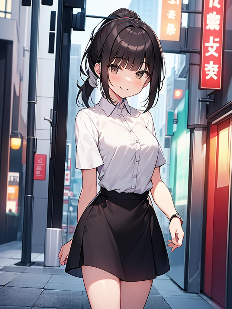 Standing tall woman:1.9 Downtown at night, white collared shirt, short sleeves, black skirt, smiling, talking, short black hair, ponytail:1.9 Straight hair Hair tie Sweep bangs to the side:1.9. Slanted eyes, brown eyes, tall, strong-willed, beautiful