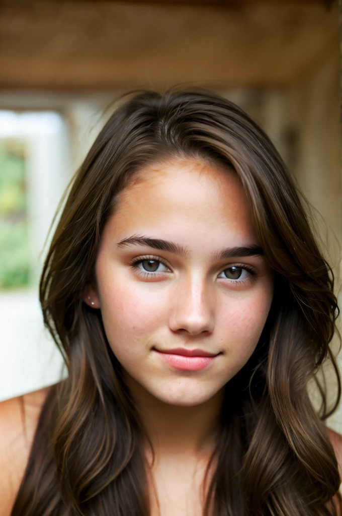 really pretty 18 years old girl. Brown hair. Innocent face. Straight looking to the camera. Facing the camera. Light eyes