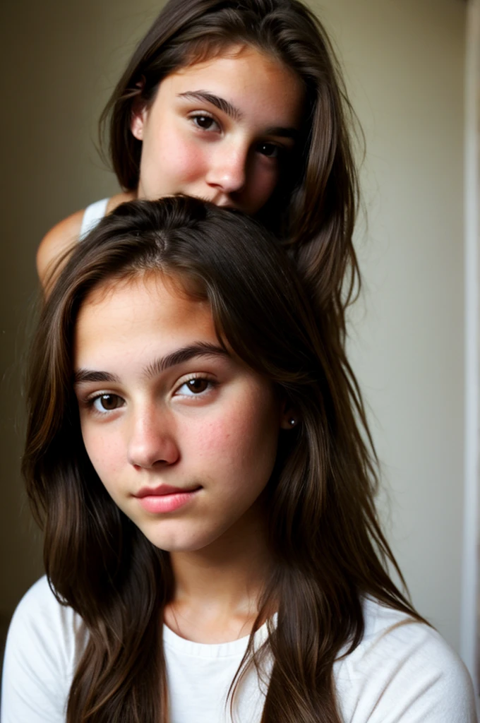 really pretty 18 years old girl. Brown hair. Innocent face. Straight looking to the camera. Facing the camera. Light eyes 