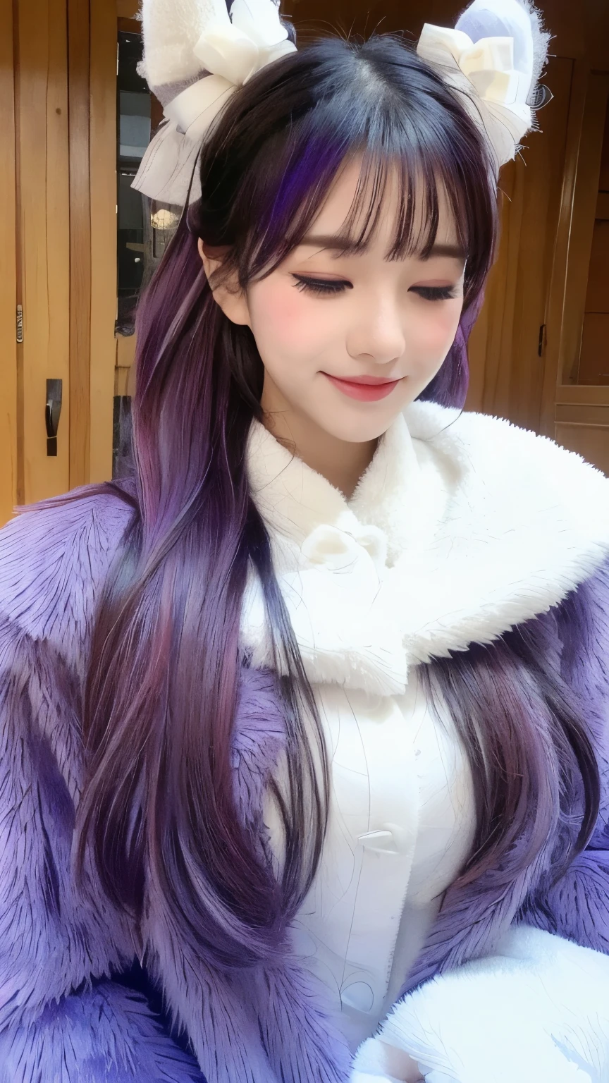 ((定制Eye mask)), ((Patterned Mask)), ((patterned Eye mask)), string hair Ribbon, Purple Hair, ((Practical)), ((Photorealism)), ((photoPractical)), ((role play)), ((real life)), 1 Girl, Solitary, Close your eyes, Black Hair, Colorful hair, blush, Fur trim, fur-trimmed coat, Smile, coat, Purple Hair, Long hair, ((Eye mask)), Bangs, Shut up, bow, Flying beads of sweat, white coat, Ribbon, bandage, Two-tone hair, Upper Body, white bow, Hair accessories