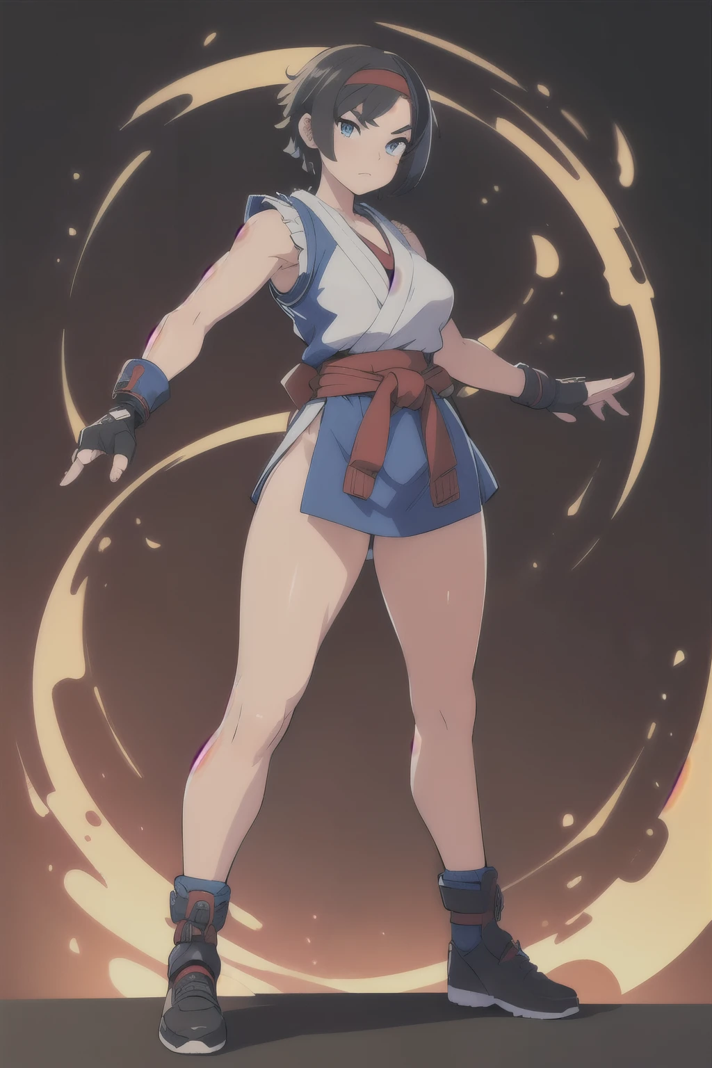 (masterpiece, best quality:1.2), expressive eyes, perfect face, highres, 1girl, solo, ryu, (female:1.5), black hair, short hair, dougi , fingerless gloves, headband, standing pose, hadouken pose, looking at the viewer, fullbody shot, sfw