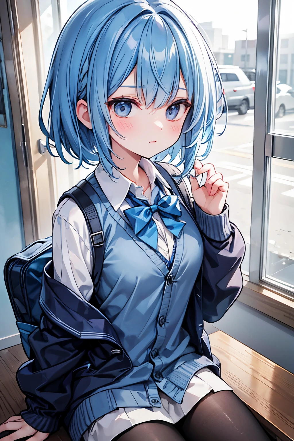 Blue-haired high school boy school cardigan