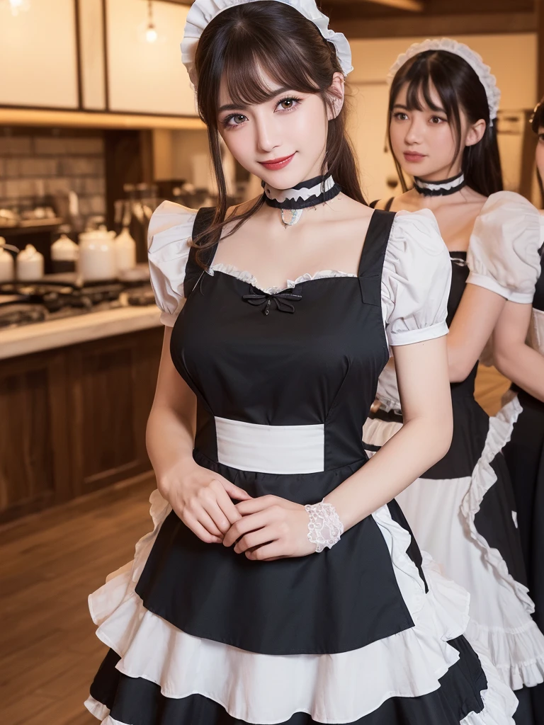 ((Highest quality, 8k, Representative works in detail, Ultra-high resolution)), Group photo, (Looking at the audience), (Cowboy Shot), Attractive women, ((Big Breasts)),  smile, ((Black Choker)), Slim figure, (Blue contacts), Long eyelashes, bangs, Beautiful shiny brown hair, Nogizaka idol, Slim face、((Maid clothes, Frills, Apron dress、Girls&#39; Middle School))、Dependents、garden, city、user、Devil&#39;s Smile, Full Body Shot, A big smile, long tongue, full body, pov, breast focus, large breasts, huge nipples, bare breasts, wet, spread legs, nude, pussy, cum on breast, girl trembling with sexual climax, 4k, NSWF, sex