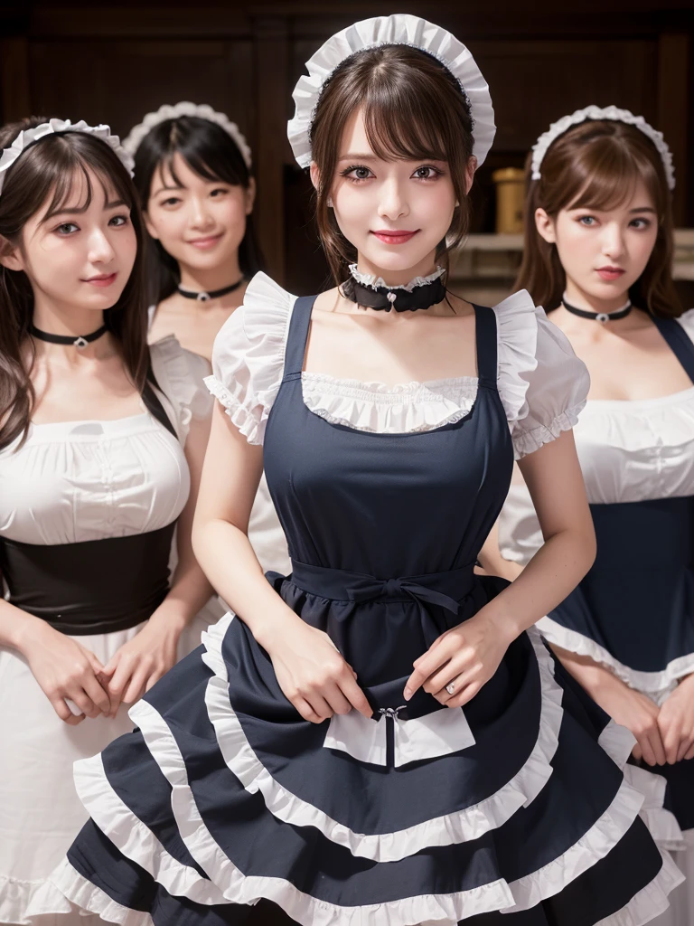 ((Highest quality, 8k, Representative works in detail, Ultra-high resolution)), Group photo, (Looking at the audience), (Cowboy Shot), Attractive women, ((Big Breasts)),  smile, ((Black Choker)), Slim figure, (Blue contacts), Long eyelashes, bangs, Beautiful shiny brown hair, Nogizaka idol, Slim face、((Maid clothes, Frills, Apron dress、Girls&#39; Middle School))、Dependents、garden, city、user、Devil&#39;s Smile, Full Body Shot, A big smile, long tongue, full body, pov, breast focus, large breasts, huge nipples, bare breasts, wet, spread legs, nude, pussy, cum on breast, girl trembling with sexual climax, 4k, NSWF, sex