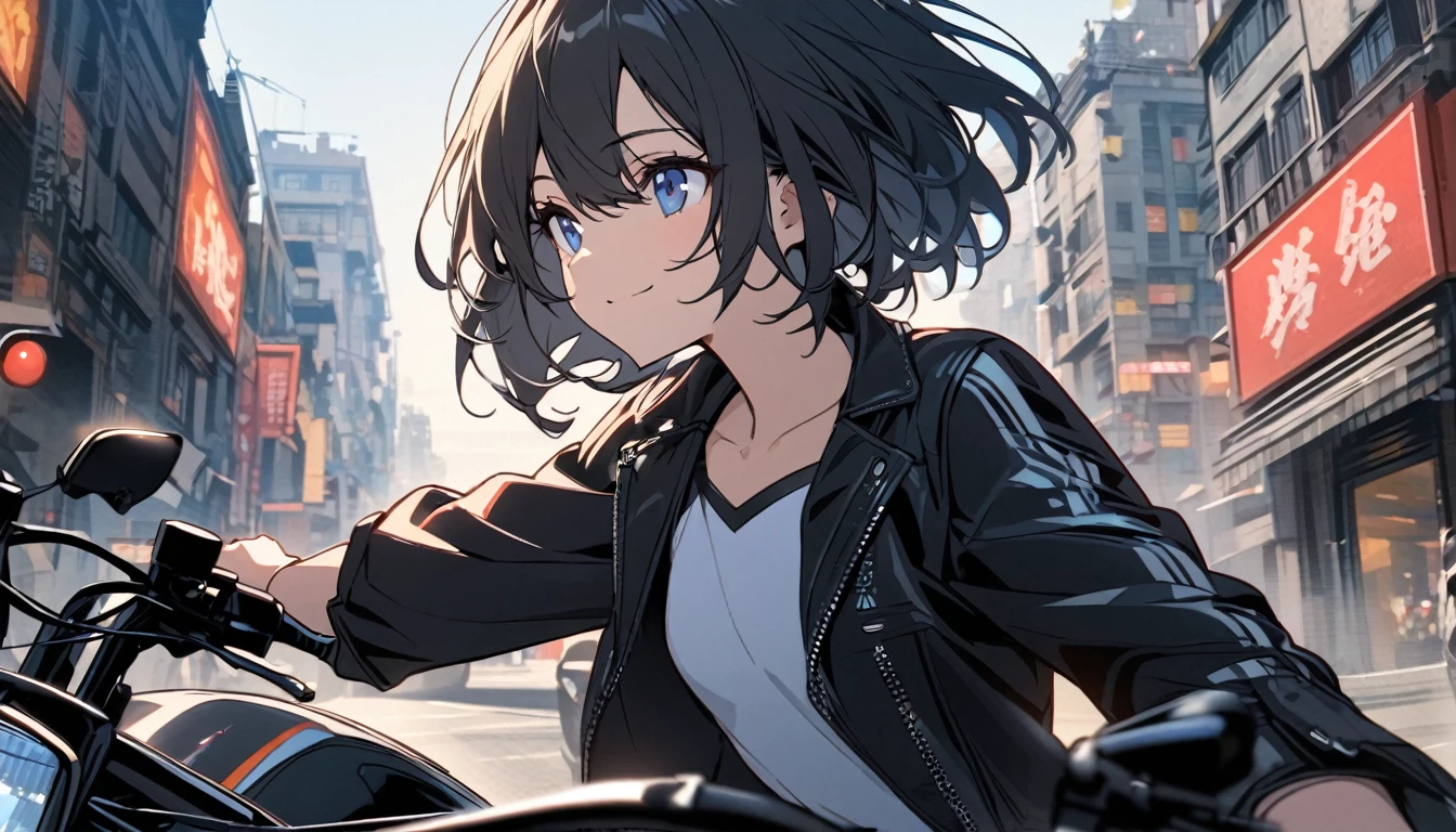 beautiful 1girl, solo, gentle smile on her face flat chest, short hair, black hair, blue eyes, Beautiful depiction, riding a white and black motorcycle in a city, view on fonly upper body