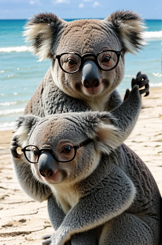 Koala with glasses on the beach