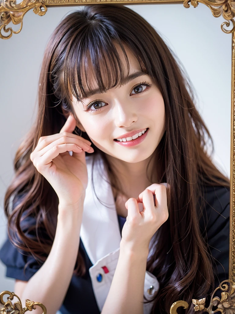 Highest quality、8k、oil、Cowboy Shot、Frame In、Pure white wall background、woman1people、high school student、Sailor suit、Short sleeve、Black pleated skirt、mini skirt、Hands on hips、smile、Brown Hair、Bob Hair、