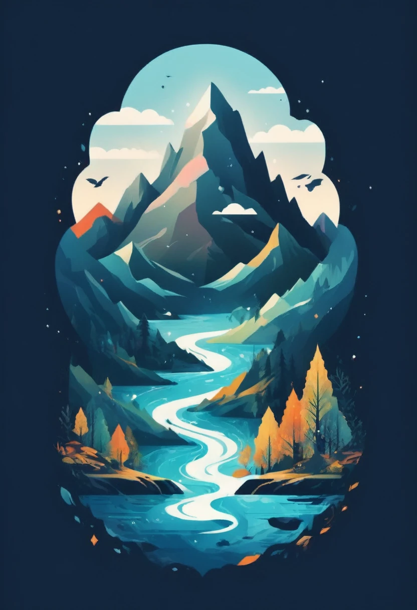 T-shirt design, Impressive mountain、Painting trees and water., a meticulous by Petros Afshar, winner of the shutterstock competition, environmental art, meticulous, silhouette art, 2D game art, logo background