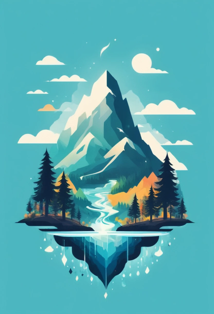 T-shirt design, Impressive mountain、Painting trees and water., a meticulous by Petros Afshar, winner of the shutterstock competition, environmental art, meticulous, silhouette art, 2D game art, logo background