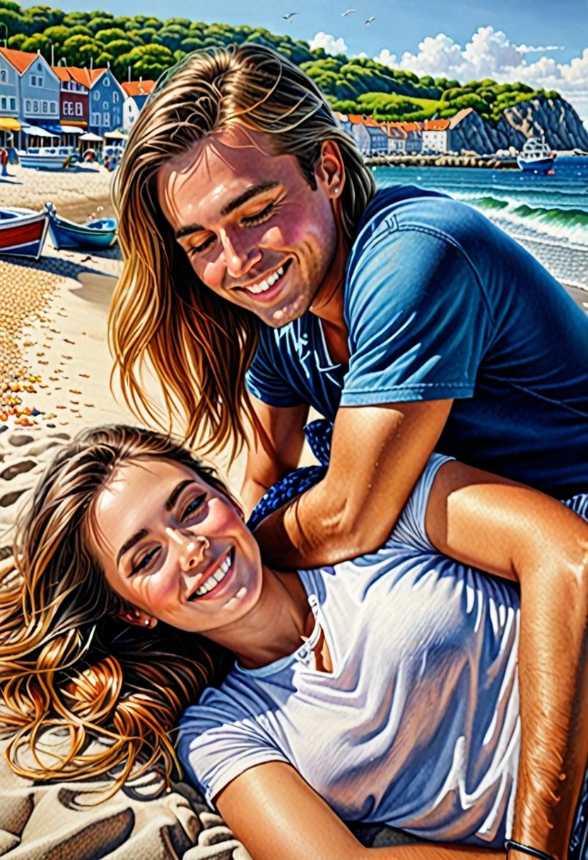 photorealistic, high detail clear drawing intriguing, photorealism,32K,colorful beach,harbour, happiness, a beautiful couple lies in an embrace on the shore
