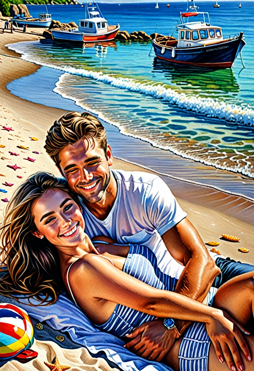 photorealistic, high detail clear drawing intriguing, photorealism,32K,colorful beach,harbour, happiness, a beautiful couple lies in an embrace on the shore