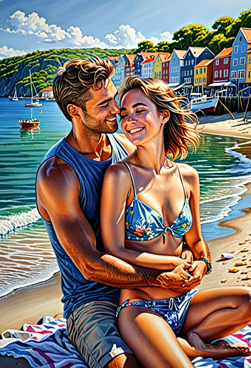 photorealistic, high detail clear drawing intriguing,  photorealism,32K,colorful beach,harbour, happiness, a beautiful couple lies in an embrace on the shore