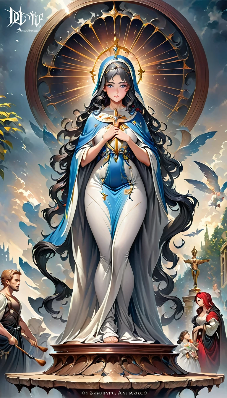 A beautiful ultra-thin realistic portrait of the Virgin Mary, white outfit with blue details, ((divinity)), full body, biblical, realistic, intricate details, by Abbott Fuller Graves, Bartolome Esteban Murillo, Jc Leyendecker, Craig Mullins, Peter Paul Rubens, (Caravaggio), Trend in Artstation, 8k, Concept Art, Fantasy Art, PhotoRealistic, Realistic, Illustration, Oil Painting, Surrealism, HyperRealistic, brush brushes, Digital art, style,  watercolour
