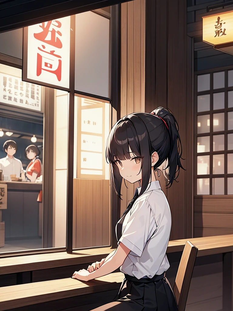 Standing tall woman:1.9 Side view composition Izakaya at night Sitting on a chair White collared shirt short sleeves Black skirt Smiling Talking Black short hair Ponytail:1.9 Straight hair Hair tie Sweep bangs to the side:1.9. Slanted eyes, brown eyes, tall, strong-willed, beautiful