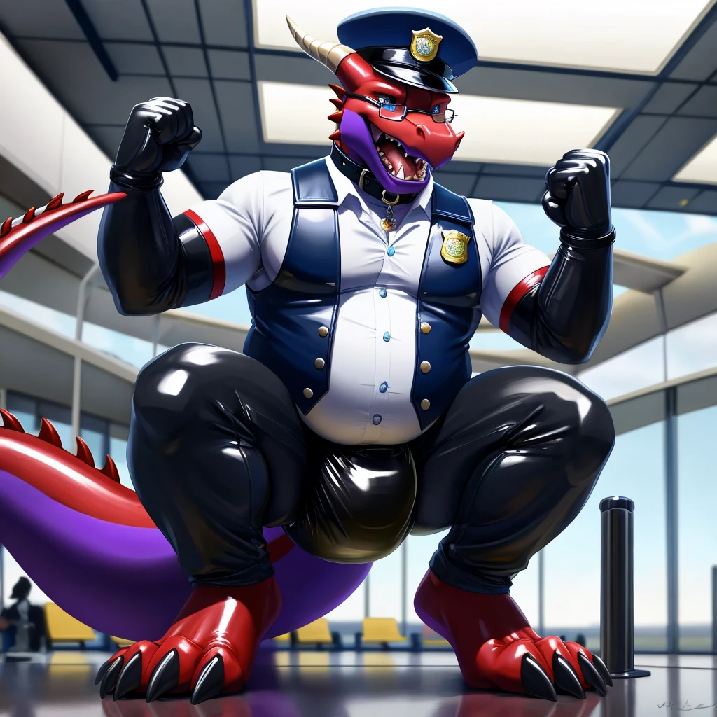 Solo, Male, fat, squatting, extremely obese, gentleman, dapper Dragon, pooping in diaper, blue eyes, (soft shading), 4k, hi res, ((detailed face, detailed)), looking at viewer, evil grin, Airport, TSA, TSA Uniform, collared shirt with buttons, hat, male focus, Police Uniform, glasses, monocle, vest with buttons, sleeves rolled up, round eyewear, headwear, vest, Dragon is wearing a glossy leather dog collar around the neck, Dragon is wearing the leather collar and shirt and vest at the same time, Dragon is wearing glossy white rubber gloves on the hands, wearing white rubber gloves on the feet, gloves are rubber in texture, mouth wide open, evil laugh, clenching fists, leather collar is glossy and shiny with a lot of detail, Dragon is wearing gloves and leather collar at the same time, leather collar has a round dog-tag, leather collar is thick and detailed, white rubber gloves on the feet, Dragon is wearing gloves and leather collar at the same time, leather collar has a round dog-tag, leather collar is thick and detailed, leather collar is glossy and shiny, fancy clothing, dapper vest, dapper shirt, leather collar is thick, glossy leather collar, Dragon is wearing a dirty diaper