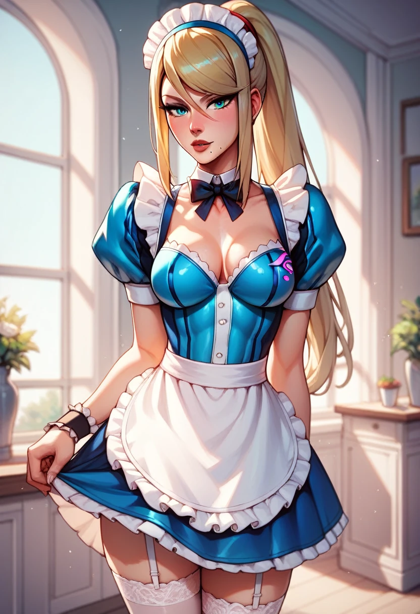 masterpiece, 1girl, solo, make her a sexy Alice in Wonderland with blonde hair, powder blue dress with white apron, white stockings, cleavage, dynamic, ultra high def, 32k, (perfect anatomy:1.5), perfect legs, in the style of Artgerm and Adam Hughes, perfect arms, downblouse