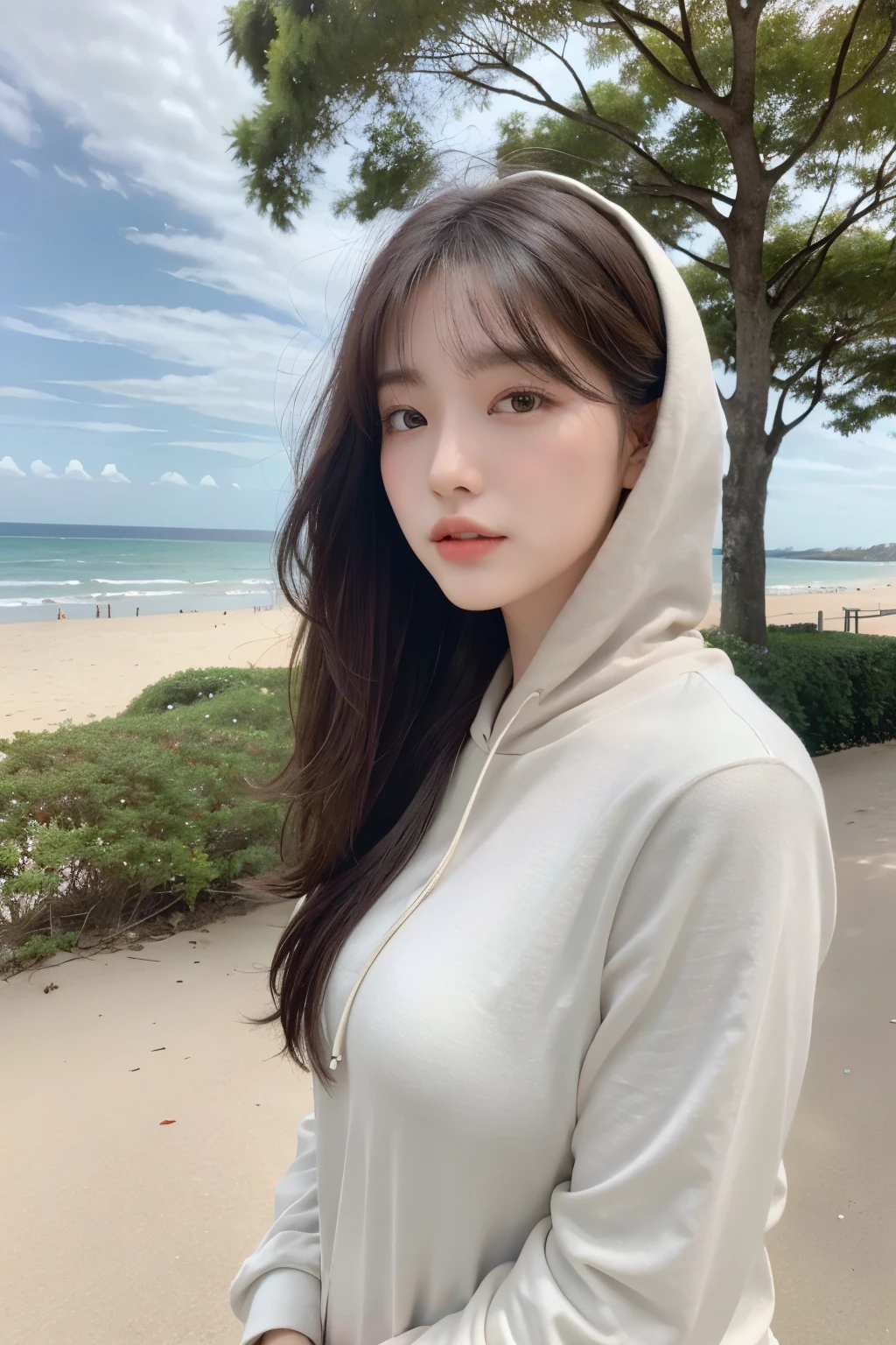 (Realistic, High Resolution: 1.3), 1 Girl with Perfect Body, H1-KEY HWISEO, 45 years old, ((h1-key hwiseo)), A young woman with shoulder-length hair、wearing a light-colored hoodie、Standing on the beach with a calm expression。Sandy beach in the background、A few beachgoers in the distance、And autumn-colored trees々There is a lush forest area。The sky is cloudy.、It creates a soft and calm atmosphere。