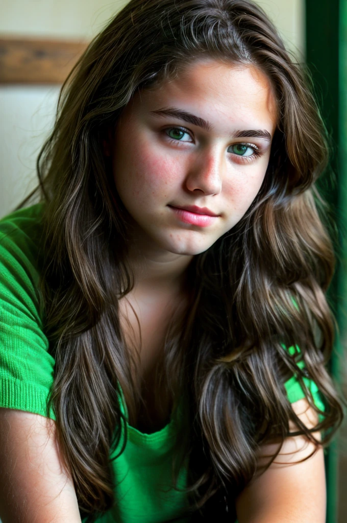really pretty 18 years old girl. Brown hair. Innocent face. Straight looking to the camera. Facing the camera. Green Light eyes 