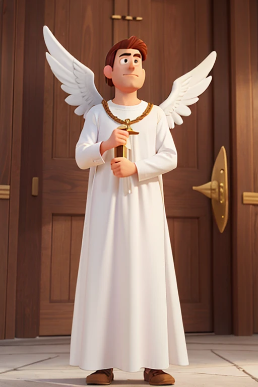 pixar, a large adult male angel of God standing like Bible time, white long tunic dress, a very beautiful background,