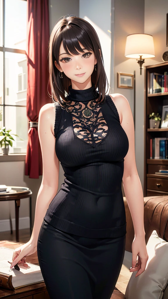 (RAW Photos:1.2), (Realistic:1.4),(Intricate details:1.2),(masterpiece:1.3),(highest quality:1.4), (超High resolution:1.2), Cinema Lighting, 超High resolution,(fine grain), 1 Woman Standing, /(Sleeveless knit shirt/), Mature Woman, /(Black Hair/) bangs, A gentle blushing smile, (Masterpiece Top quality:1.2) Delicate illustrations, super detailed, Big Break /(Modern house living room/)
