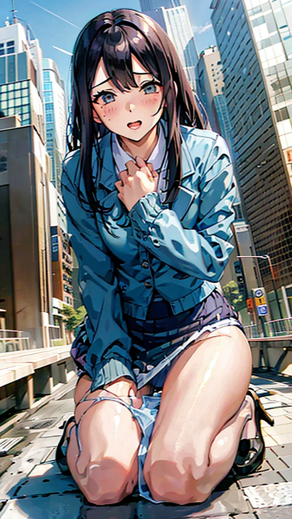 office Street,Skyscrapers in the background,blue sky,all fours,Kneel,masterpiece,quality,High resolution,高quality,Realistic,Random hairstyle,business suit,Blue Skirt,Blue jacket,White collared shirt,whole body,Forehead,Ahegao,Big eyes,Embarrassed face,Fair skin,Thighs,High heels:1.3,panty drop:1.5