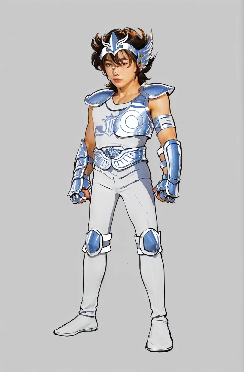 A young tall asian man in copper armor with white tight without sleeves underneath, muscular, saint seiya, pegasus seiya, messy hair, high resolution