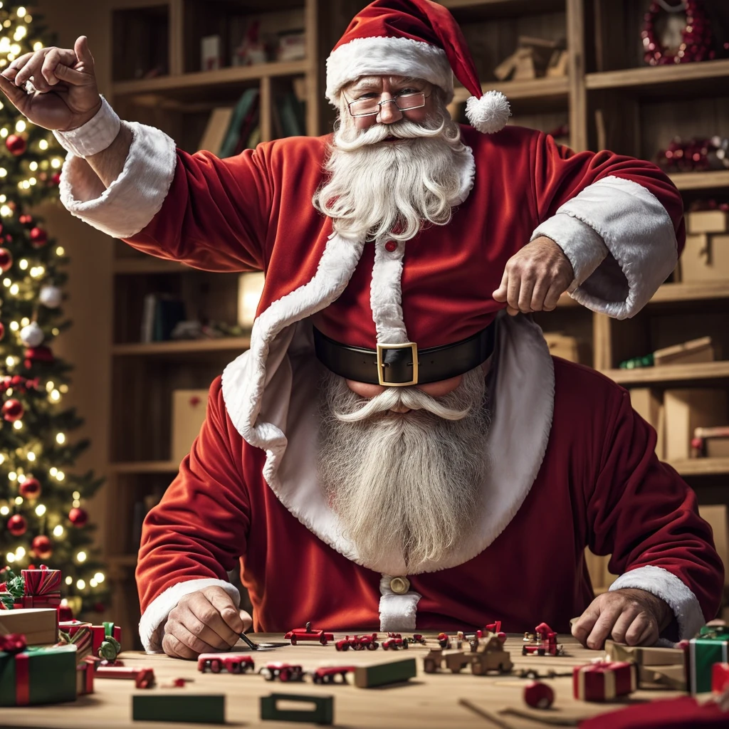 Create an illustration of Santa Claus working hard and sweating profusely. Santa should be depicted in his traditional red suit, but with the jacket open, sleeves rolled up, and sweat dripping from his forehead. His face should show determination and effort, with sweat stains visible on his clothing. The setting should be a toy workshop filled with half-finished toys and tools, with Santa in the midst of assembling toys. The atmosphere should be warm and slightly cluttered, capturing the intense labor and dedication of Santa preparing for Christmas.
Aspect ratio: 13:20
Colors: Earth tones with realistic textures
Background: Detailed toy workshop