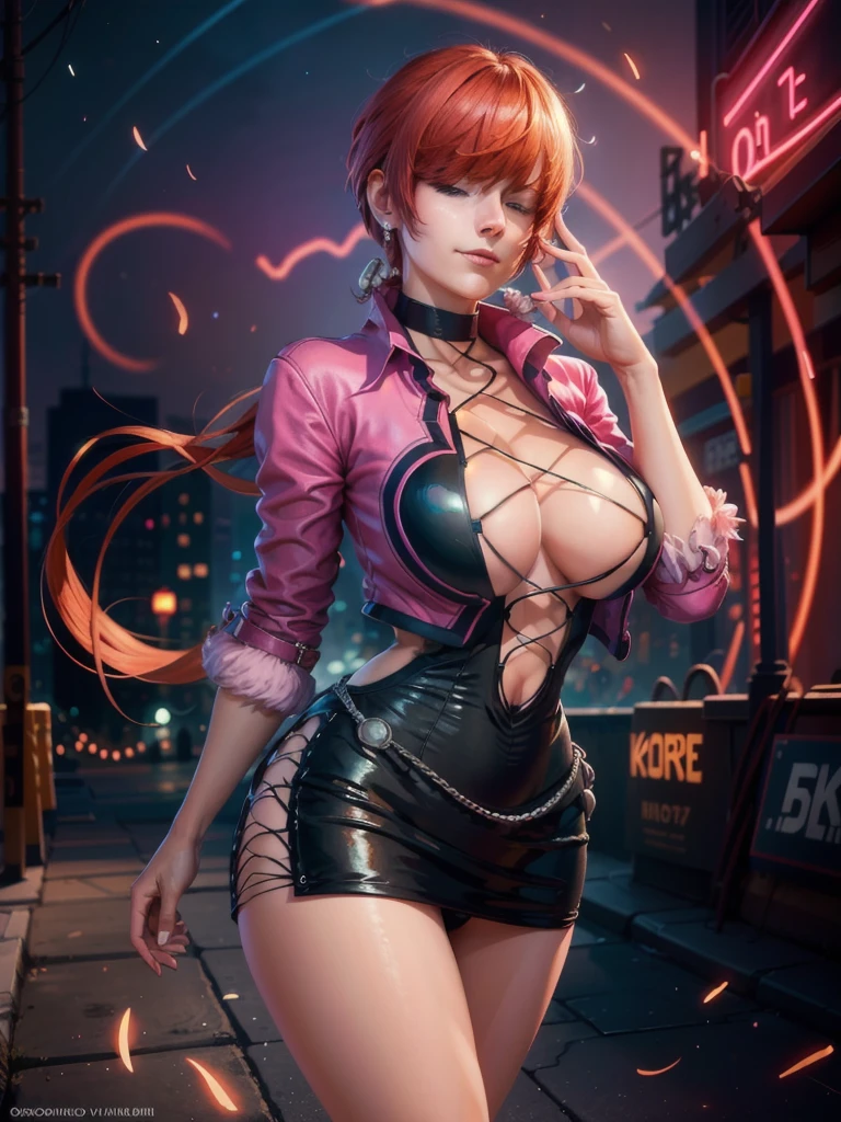 (at night), in a video game scene with a neon background and a neon light, standing at attention, pink suit, pink jacket, choker, neckline, cut of clothing, earrings, has long bangs in her hair that covers eyes ((hair over eyes)), 1 girl, 20 years old, young woman, beautiful finger, beautiful long legs, beautiful body, beautiful nose, beautiful character design, perfect face, looking at the viewer (focusing on her face) , closed mouth, Light_Smile, official art, extremely detailed CG unity 8k wallpaper, perfect lighting, bright and colorful front lighting, glowing skin, (masterpiece: 1.0), (best_quality: 1.0), ultra high resolution, 4K, photography ultra detailed, 8K, HDR, high resolution, absurdities:1.2, Kodak portra 400, film grain, blurred background, bokeh:1.2, lens flare, (vibrant_color:1.2), professional photography, (Beautiful, breasts: 1.4), (beautiful_face: 1.5 ), (narrow waist),
