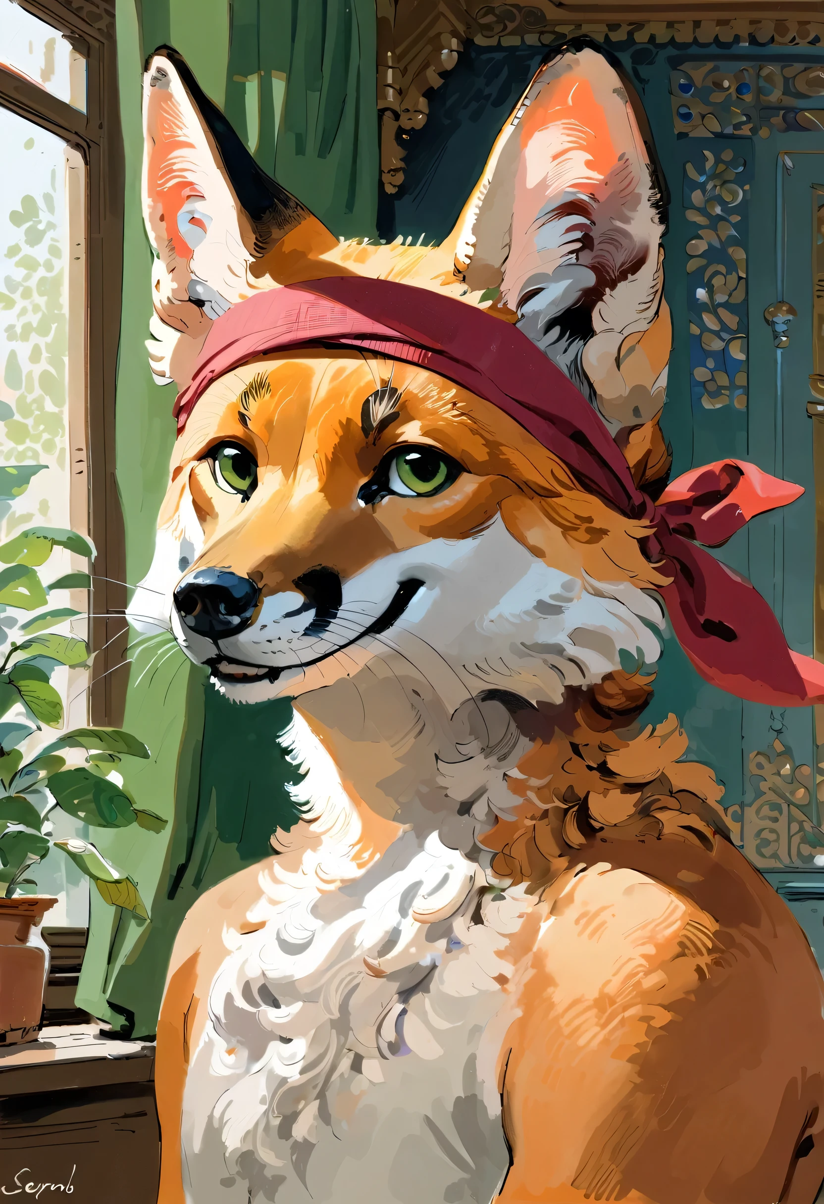(Fox), solo, male, (anthro), (by seyorrol), ((intricate detailed background, bedroom background)), realistic shading, (epic, masterpiece, high quality, 8k, ultra HD, absurd res, top quality, best quality, max quality, masterpiece), (feminine body), (correct anatomy:1.2), snout, realistic green eyes, happy expression, smiling, ((dynamic lighting)), ((perfect hands)), detailed fur, ((headshot)), (wearing bandana),