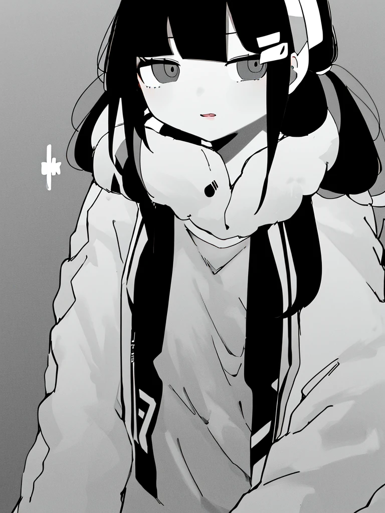 masterpiece, best quality, 1girl, solo, looking_at_viewer, bangs, simple_background, shirt, hair_ornament, long_sleeves, twintails, jacket, monochrome, ahoge, greyscale, parted_lips, open_clothes, blunt_bangs, low_twintails, 