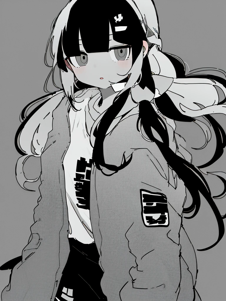 masterpiece, best quality, 1girl, solo, looking_at_viewer, bangs, simple_background, shirt, hair_ornament, long_sleeves, twintails, jacket, monochrome, ahoge, greyscale, parted_lips, open_clothes, blunt_bangs, low_twintails, 